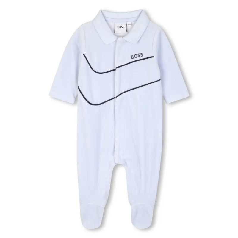 PALE BLUE VELOUR SLEEPER NAVY TRIM FRONT CLOSURE / J53288-771