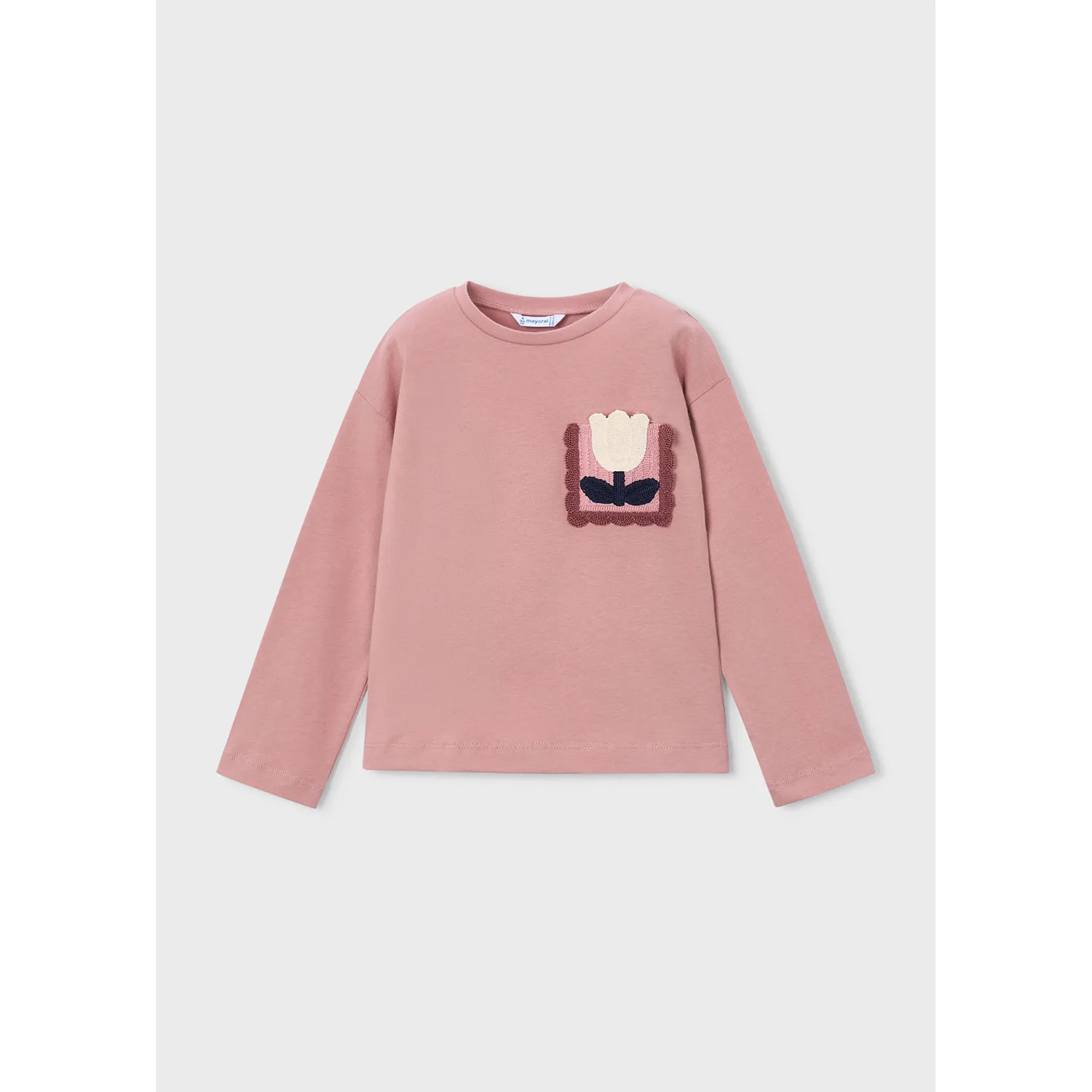 PINK TSHIRT LONG SLEEVE CROCHET POCKET & FLOWER / 4029-085