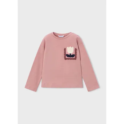 PINK TSHIRT LONG SLEEVE CROCHET POCKET & FLOWER / 4029-085