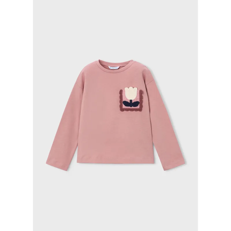 PINK TSHIRT LONG SLEEVE CROCHET POCKET & FLOWER / 4029-085