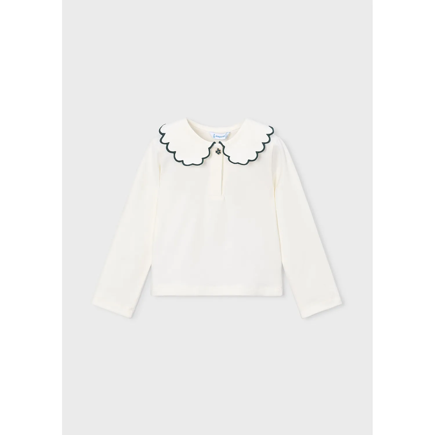 CREAM POLO TOP BLACK SCALLOP EDGE COLLAR LONG SLEEVE / 131-038