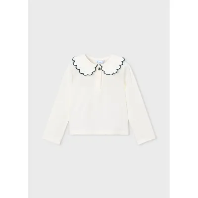 CREAM POLO TOP BLACK SCALLOP EDGE COLLAR LONG SLEEVE / 131-038