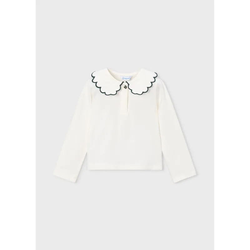 CREAM POLO TOP BLACK SCALLOP EDGE COLLAR LONG SLEEVE / 131-038