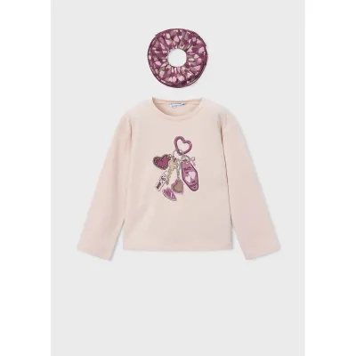 2PC BEIGE TSHIRT WITH PURPLE PRINT HAIRBAND LONG SLEEVE / 4028-080