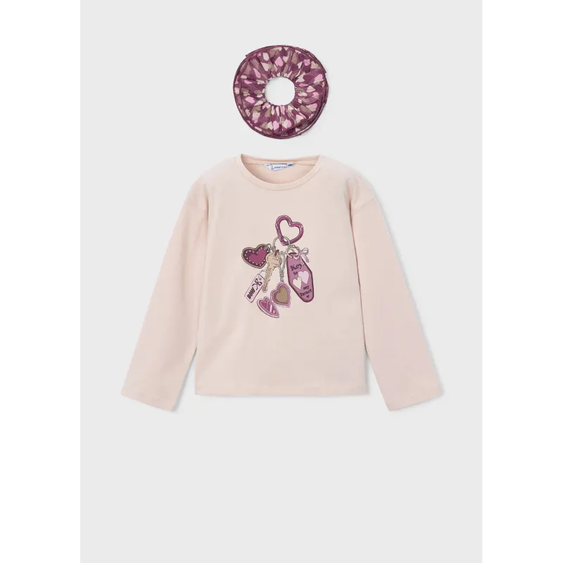 2PC BEIGE TSHIRT WITH PURPLE PRINT HAIRBAND LONG SLEEVE / 4028-080