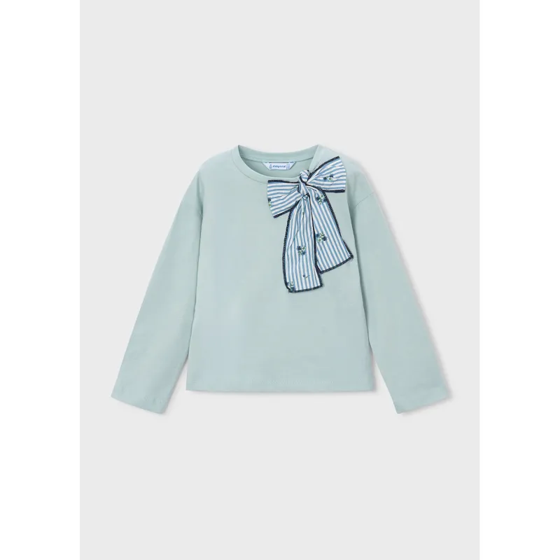 LIGHT GREEN TSHIRT LONG SLEEVE STRIPED BOW TRIM / 4029-086