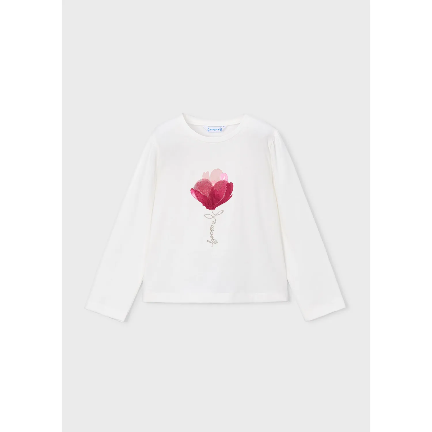 OFF WHITE TSHIRT RED ORGANZA FLOWER APPLIQUE LONG SLEEVE / 4033-012