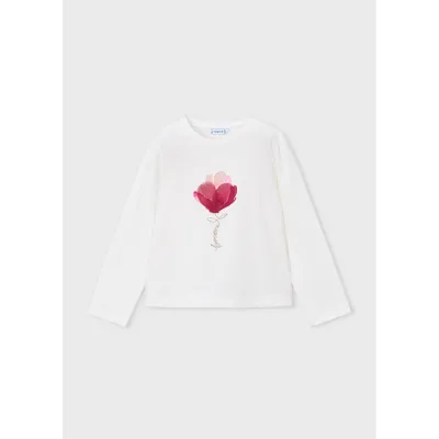 OFF WHITE TSHIRT RED ORGANZA FLOWER APPLIQUE LONG SLEEVE / 4033-012