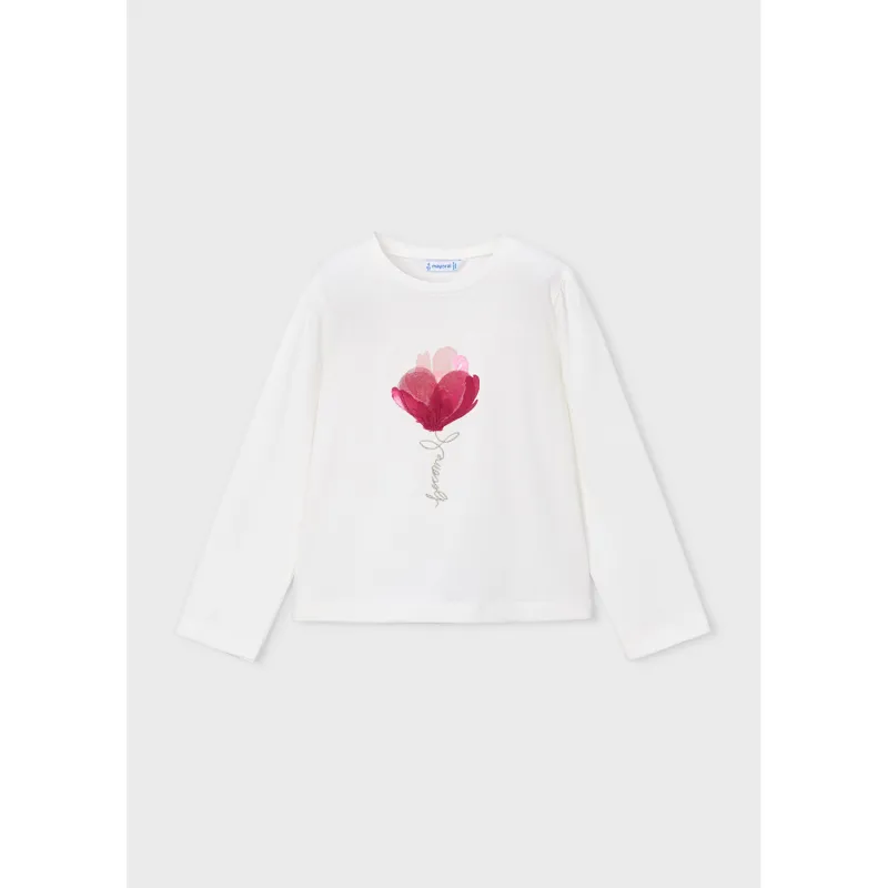 OFF WHITE TSHIRT RED ORGANZA FLOWER APPLIQUE LONG SLEEVE / 4033-012