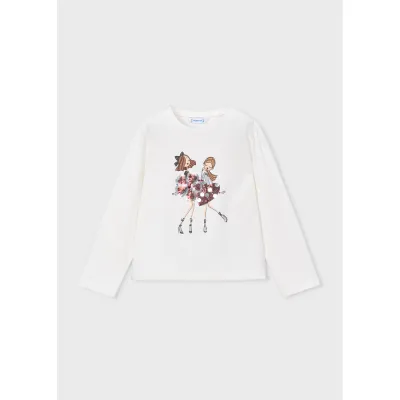 OFF WHITE TSHIRT LONG SLEEVE RED SEQUIN HEART & FLOWER / 4033-013