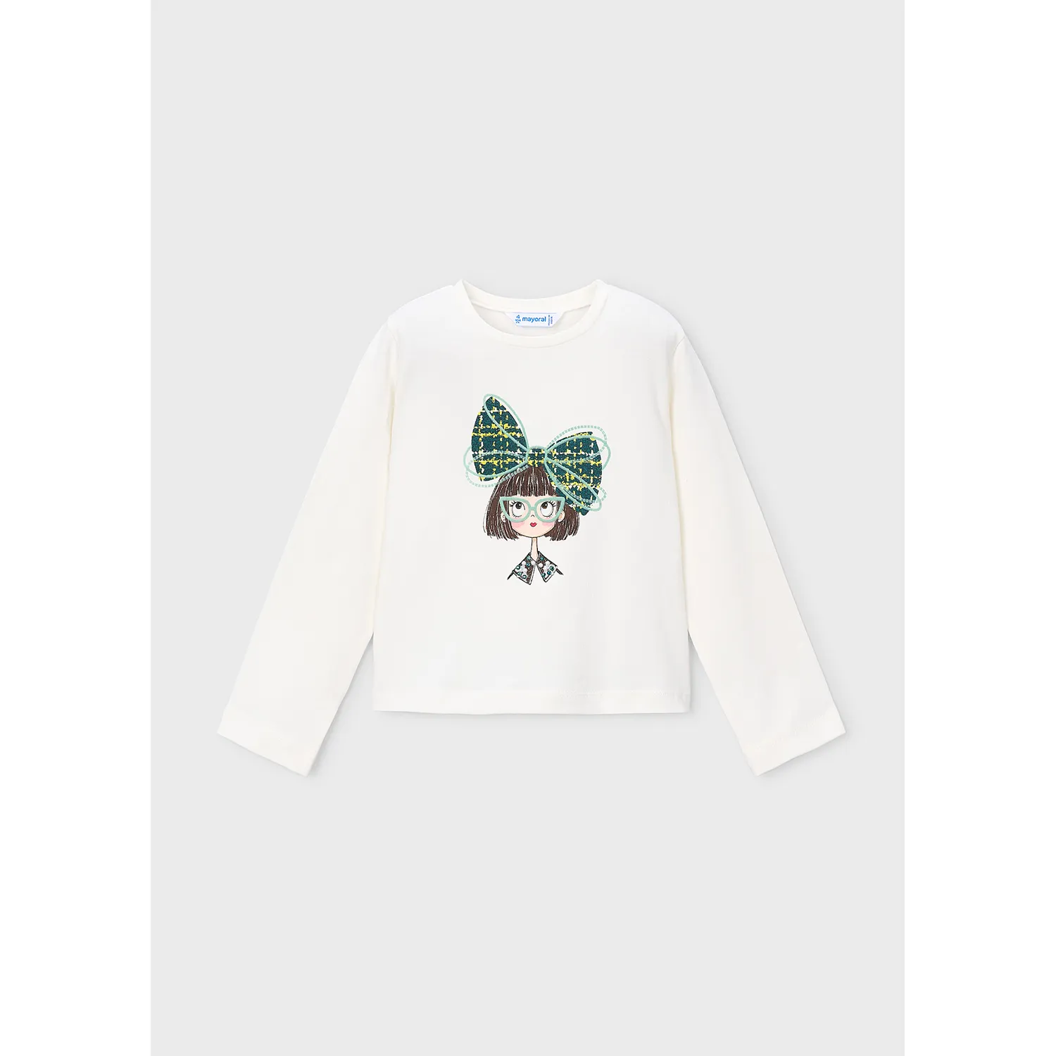 OFF WHITE TSHIRT LONG SLEEVE GREEN HAIRBOW PRINT / 4034-027
