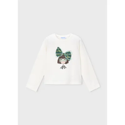 OFF WHITE TSHIRT LONG SLEEVE GREEN HAIRBOW PRINT / 4034-027