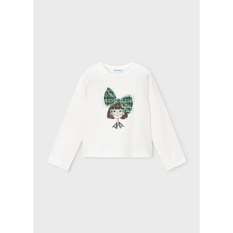 OFF WHITE TSHIRT LONG SLEEVE GREEN HAIRBOW PRINT / 4034-027