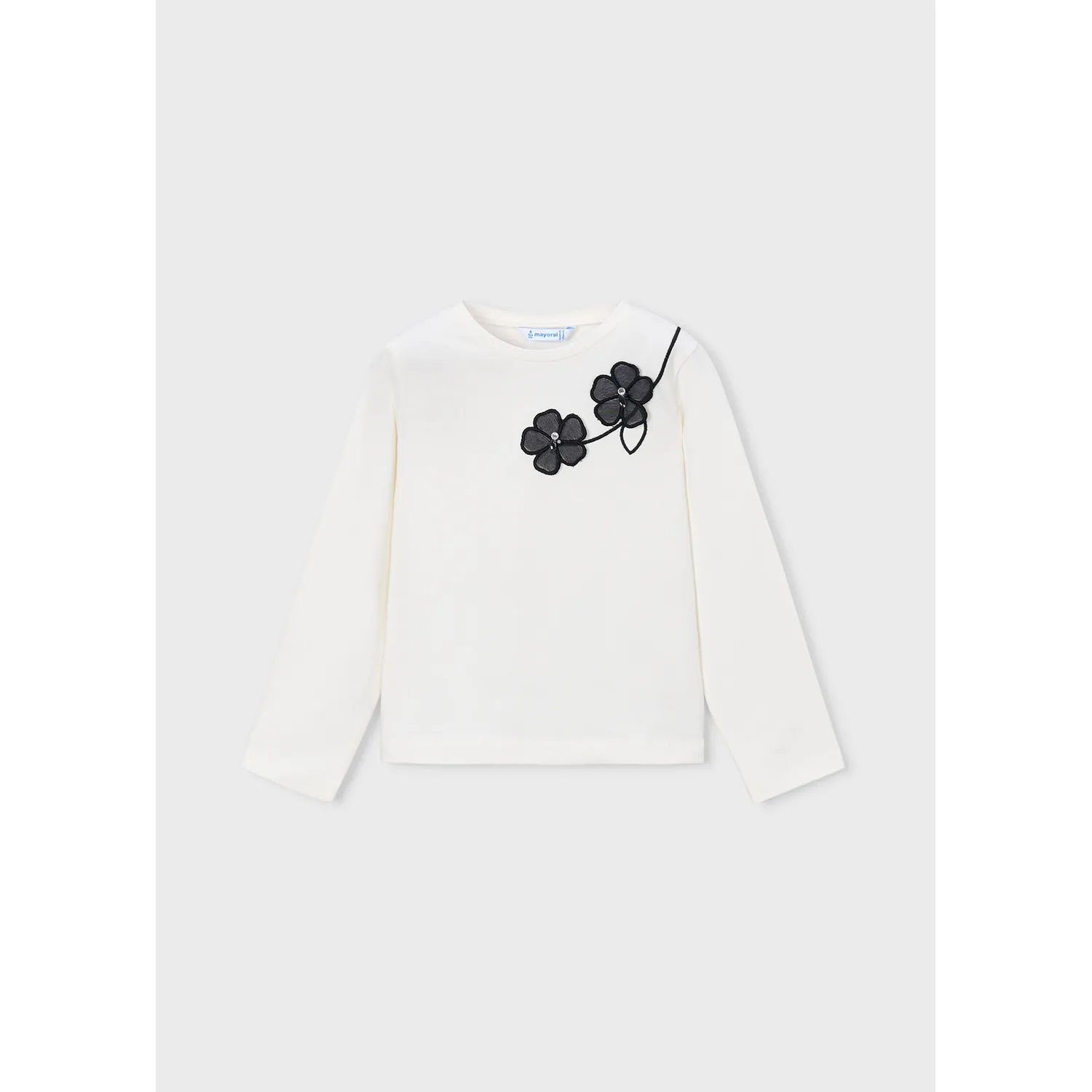 OFF WHITE TSHIRT LONG SLEEVE BLACK FLOWERS APPLIQUE / 4035-016