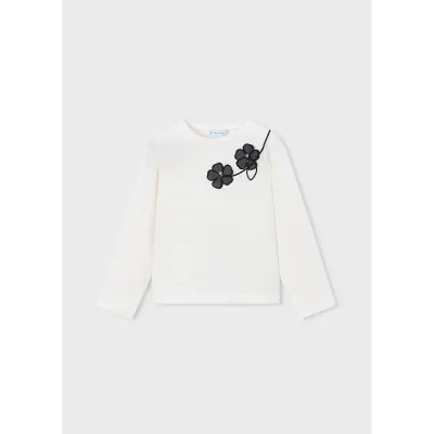 OFF WHITE TSHIRT LONG SLEEVE BLACK FLOWERS APPLIQUE / 4035-016
