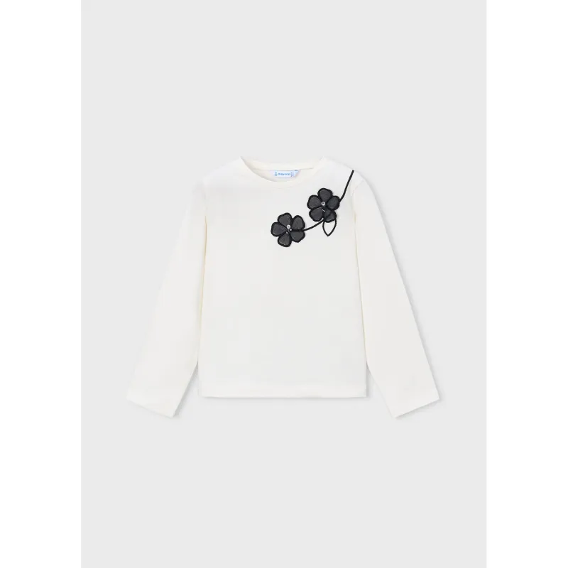 OFF WHITE TSHIRT LONG SLEEVE BLACK FLOWERS APPLIQUE / 4035-016