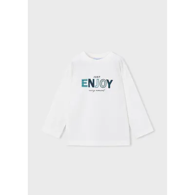 CREAM TSHIRT LONG SLEEVE GREEN ENJOY PUFF PRINT / 4007-090