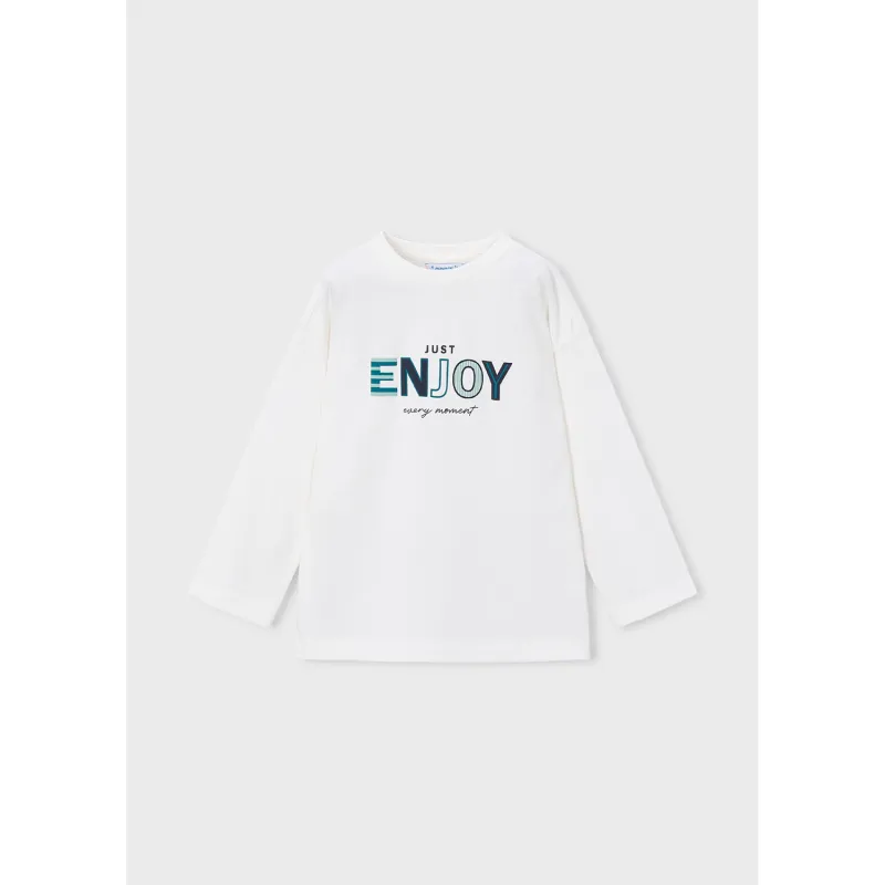 CREAM TSHIRT LONG SLEEVE GREEN ENJOY PUFF PRINT / 4007-090