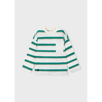 CREAM KNIT SWEATER GREEEN & BEIGE STRIPE W/POCKET / 4008-067