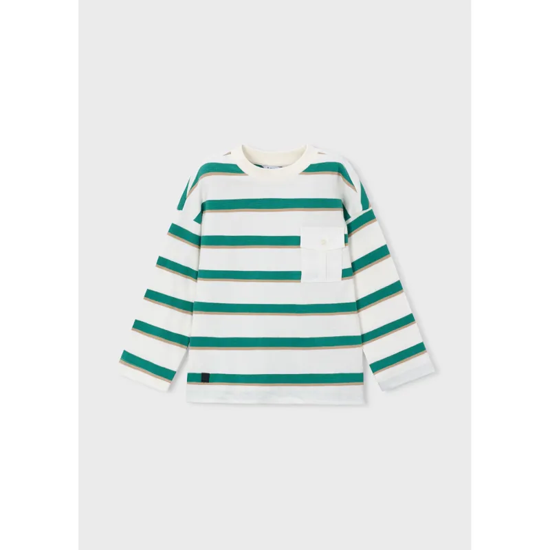 CREAM KNIT SWEATER GREEEN & BEIGE STRIPE W/POCKET / 4008-067