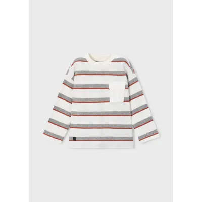 CREAM KNIT SWEATER GREY & RED STRIPES LONG SLEEVE W/POCKET / 4008-066