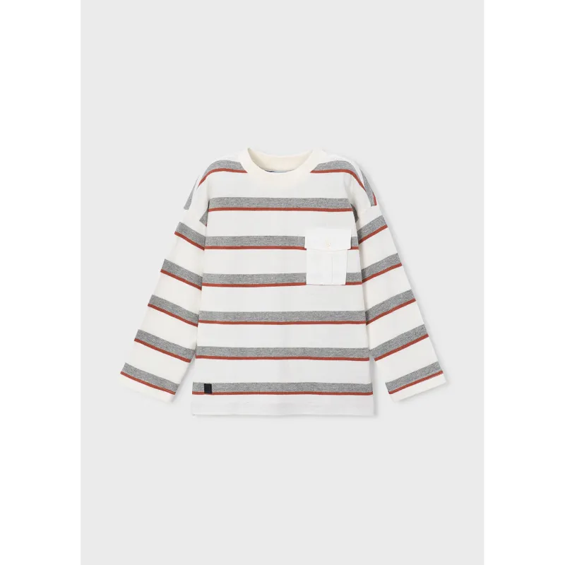 CREAM KNIT SWEATER GREY & RED STRIPES LONG SLEEVE W/POCKET / 4008-066
