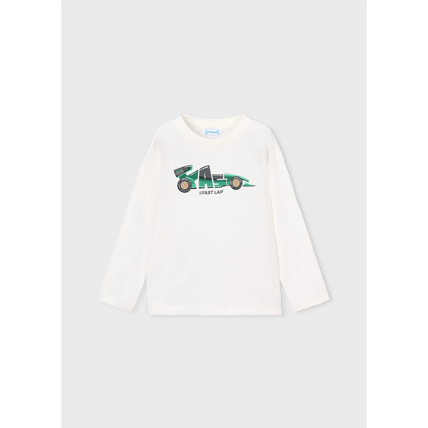 CREAM TSHIRT LONG SLEEVE GREEN RACECAR PRINT / 4019-52A
