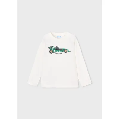 CREAM TSHIRT LONG SLEEVE GREEN RACECAR PRINT / 4019-52A