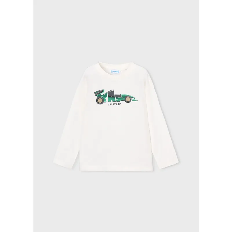 CREAM TSHIRT LONG SLEEVE GREEN RACECAR PRINT / 4019-52A
