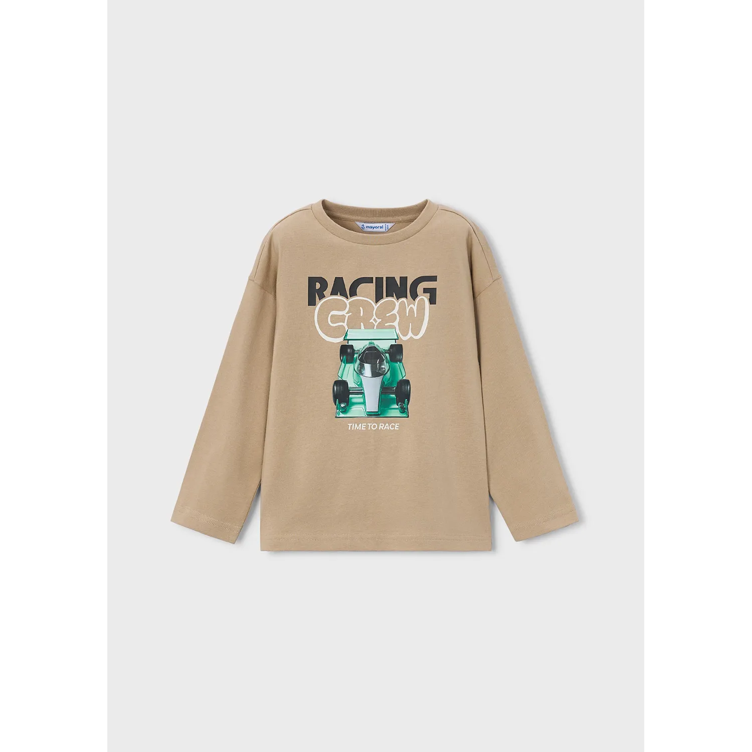 TAUPE TSHIRT LONG SLEEVE GREEN RACING CAR PRINT / 4020-058