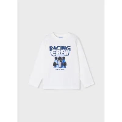 CREAM TSHIRT LONG SLEEVE RACING CREW & CAR PRINT / 4020-060