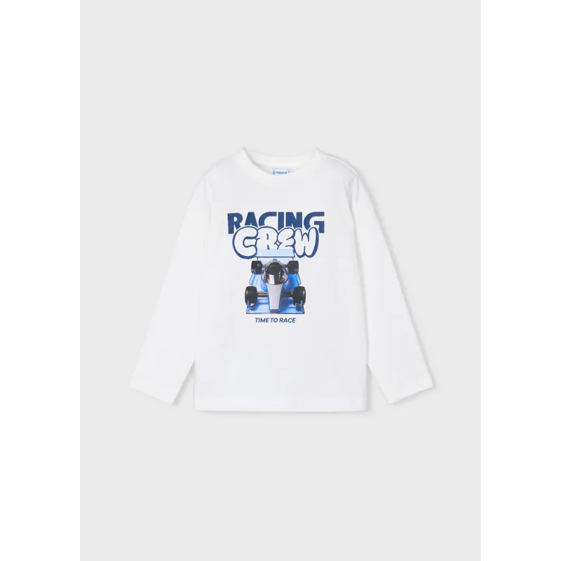 CREAM TSHIRT LONG SLEEVE RACING CREW & CAR PRINT / 4020-060