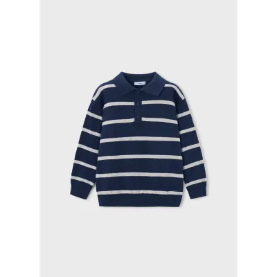 NAVY KNIT POLO TOP GREY STRIPE LONG SLEEVE / 4101-082