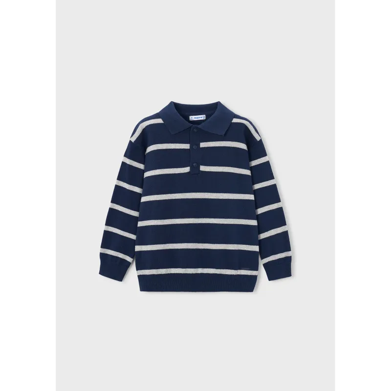 NAVY KNIT POLO TOP GREY STRIPE LONG SLEEVE / 4101-082