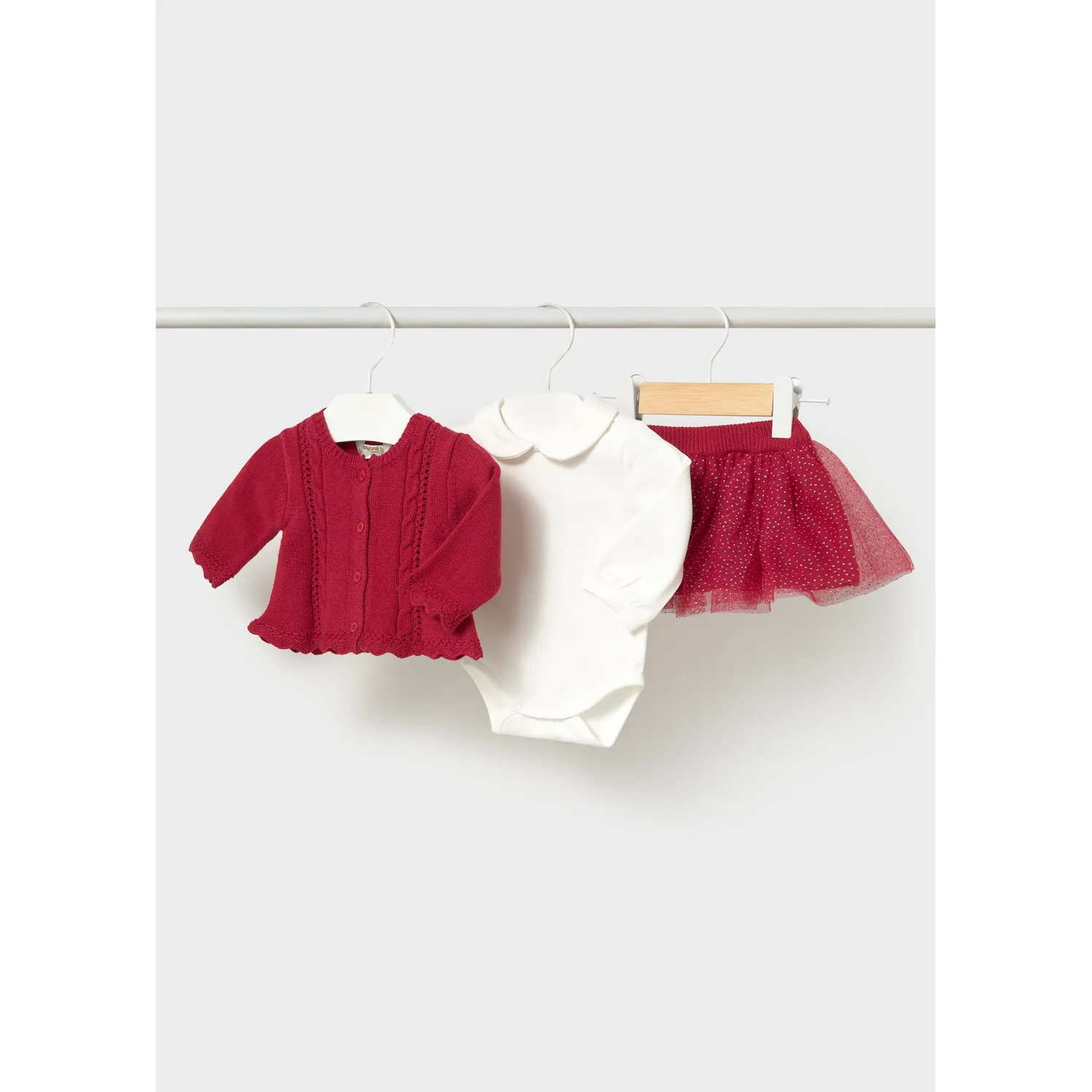 3PC RED KNIT CARDIGAN TULLE SKIRT BEIGE ONZIE TOP / 2811-029