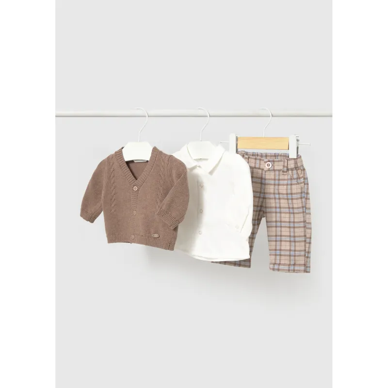 BROWN PANT & CARDIGAN SET CREAM SHIRT PLAID PANT / 2531-010
