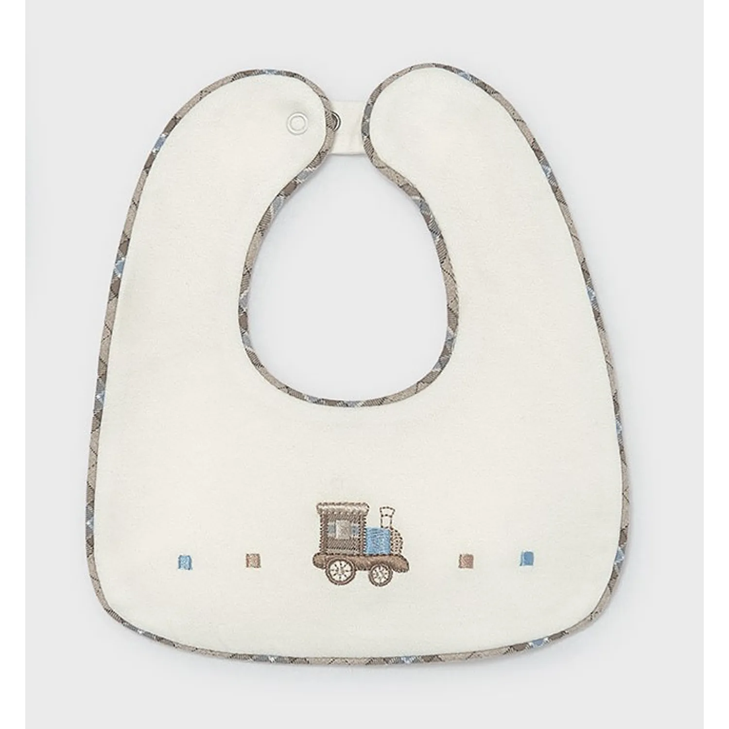 CREAM BIB TRAIN EMBROIDERY PLAID TRIM / 9137-054