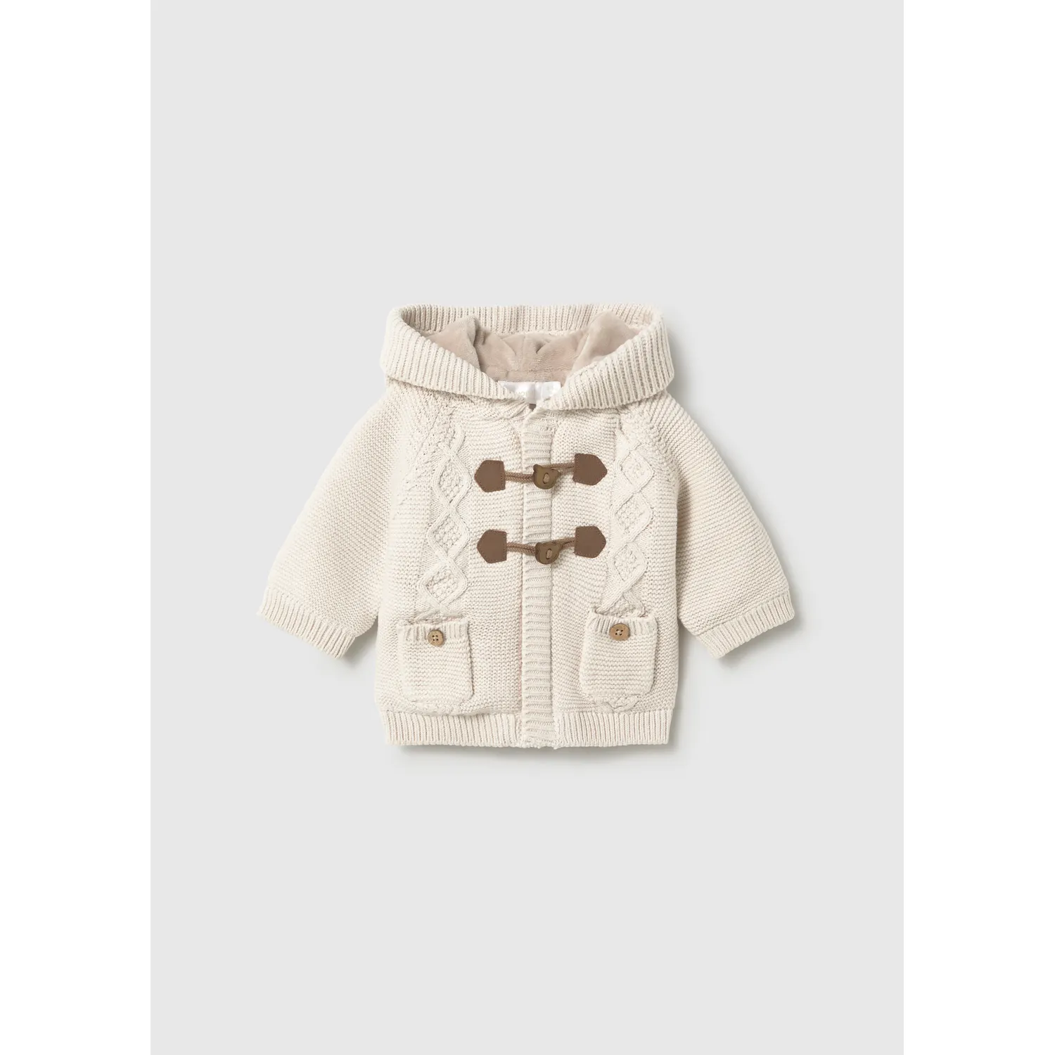 BEIGE KNIT CARDIGAN HOODED BROWN TOGGLE CABLESTITCH / 2303-037