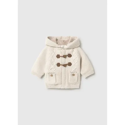 BEIGE KNIT CARDIGAN HOODED BROWN TOGGLE CABLESTITCH / 2303-037