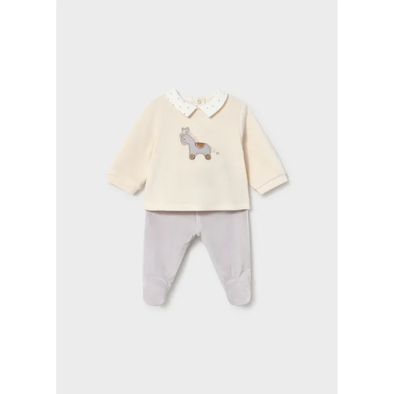 2PC CREAM &GREY VELOUR LEG WARMER SET PONY APPLIQUE / 2518-071