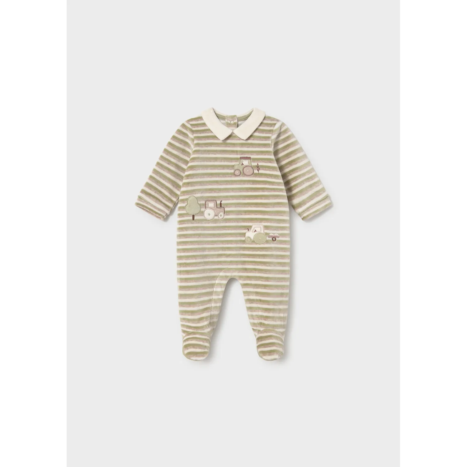 GREEN & CREAM STRIPED VELOUR SLEEPER CREAM COLLAR TRAIN APPLIQUE / 2766-083