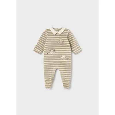 GREEN & CREAM STRIPED VELOUR SLEEPER CREAM COLLAR TRAIN APPLIQUE / 2766-083