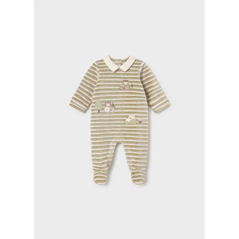 GREEN & CREAM STRIPED VELOUR SLEEPER CREAM COLLAR TRAIN APPLIQUE / 2766-083