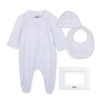 3PC PALE BLUE & WHITE SLEEPER BIB & HAT SMALL ALOVER BOSS PRINT / J53313-771