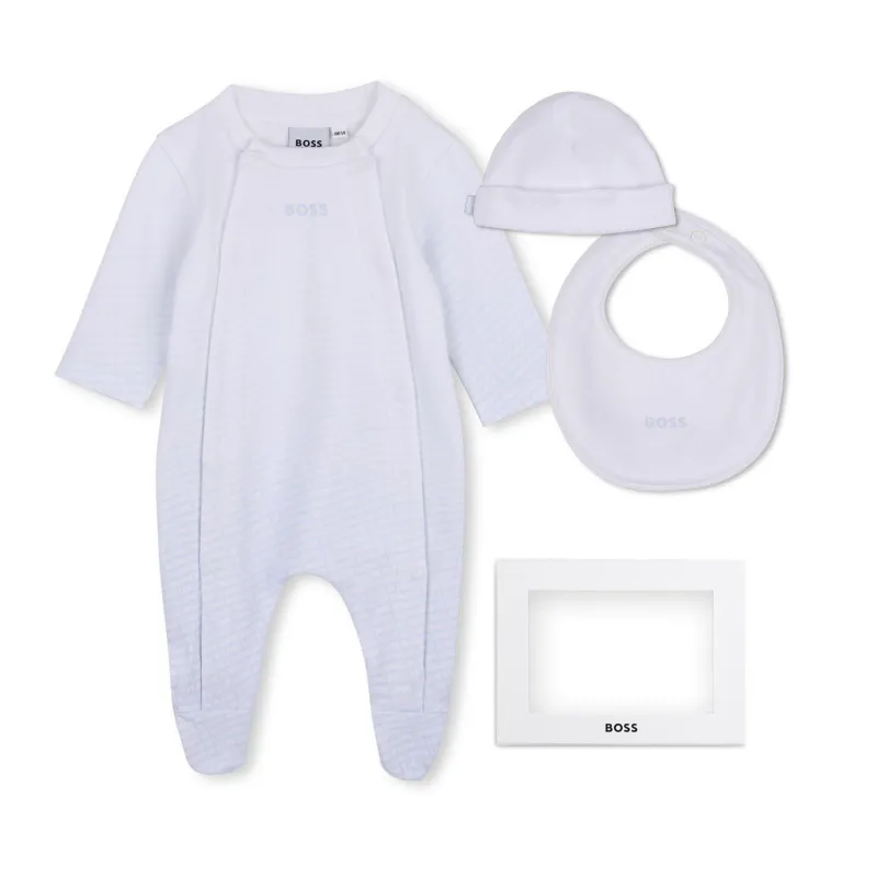3PC PALE BLUE & WHITE SLEEPER BIB & HAT SMALL ALOVER BOSS PRINT / J53313-771