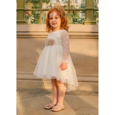CREAM TULLE DRESS EMBROIDERED BODICE LONG SLEEVE HIGHLOW / 5502-001