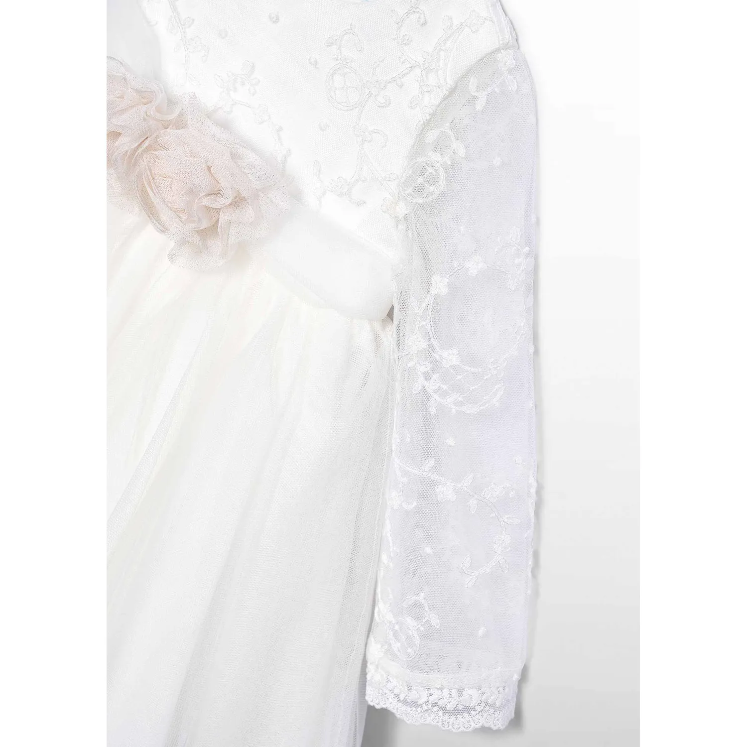 CREAM TULLE DRESS EMBROIDERED BODICE LONG SLEEVE HIGHLOW / 5502-001, Size: 9M
