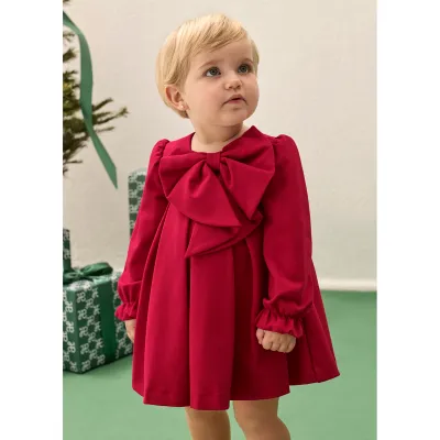 RED DRESS BOW TRIM LONG SLEEVE PLEATED / 5504-002