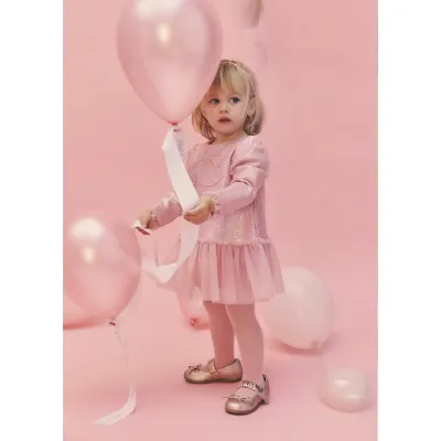 PETAL PINK SEQUIN DRESS CHIFFON BOW & HEM LONG SLEEVE / 5511-044
