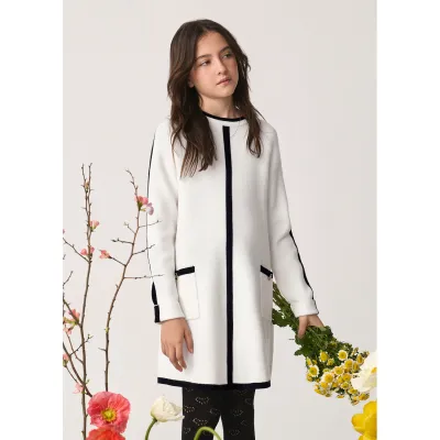 CREAM KNIT POCKET DRESS BLACK TRIM LONG SLEEVE / 5589-002
